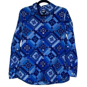 Lands End Blue Quilt Print Long Sleeve Button Down Shirt Size S